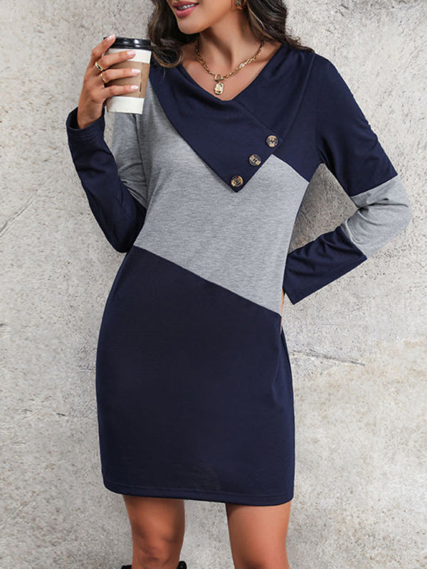 New women's casual color block long sleeve sweatshirt dress - Closther