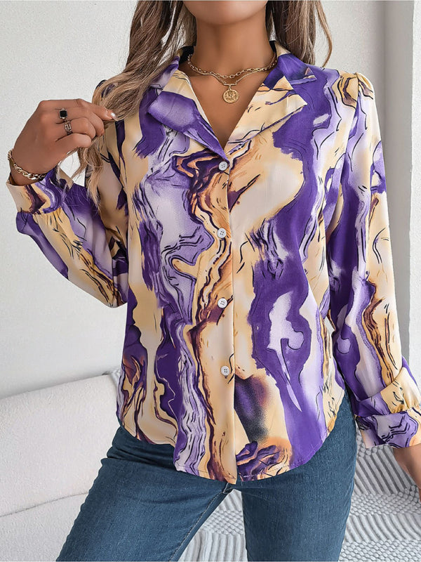 New women’s casual color contrast striped suit collar long-sleeved shirt