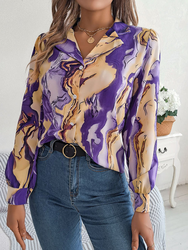 New women’s casual color contrast striped suit collar long-sleeved shirt - Purple / S