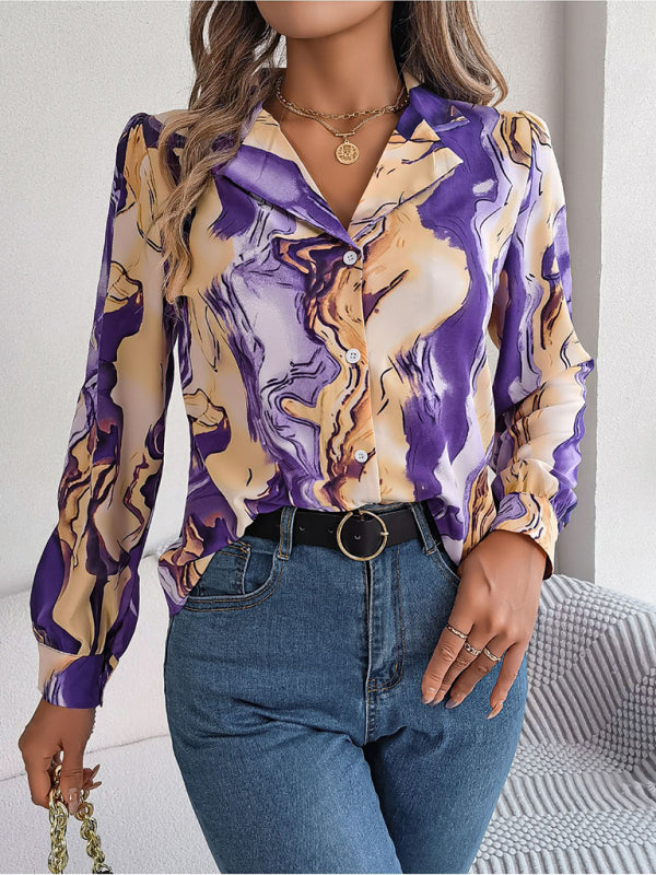 New women’s casual color contrast striped suit collar long-sleeved shirt