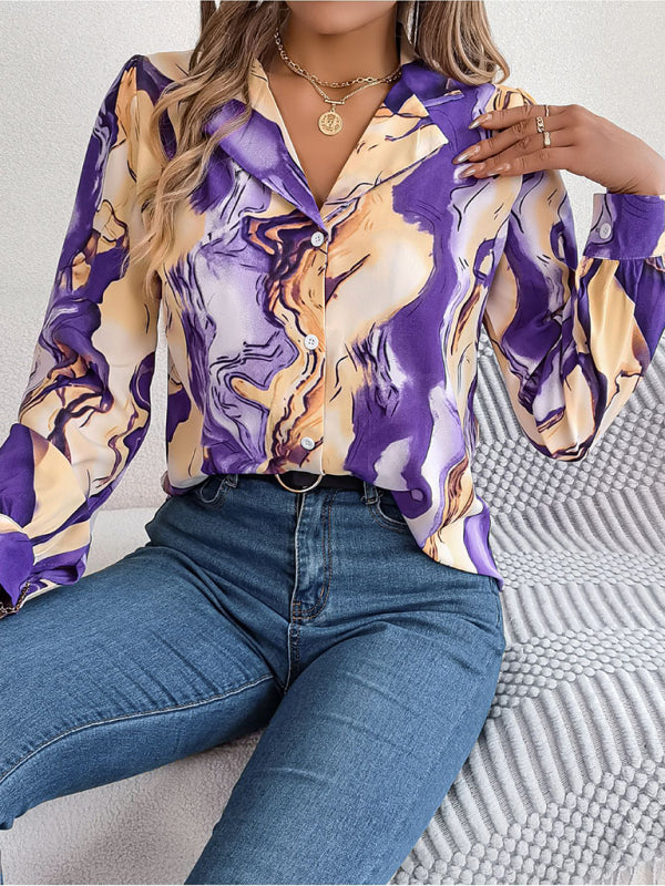 New women’s casual color contrast striped suit collar long-sleeved shirt