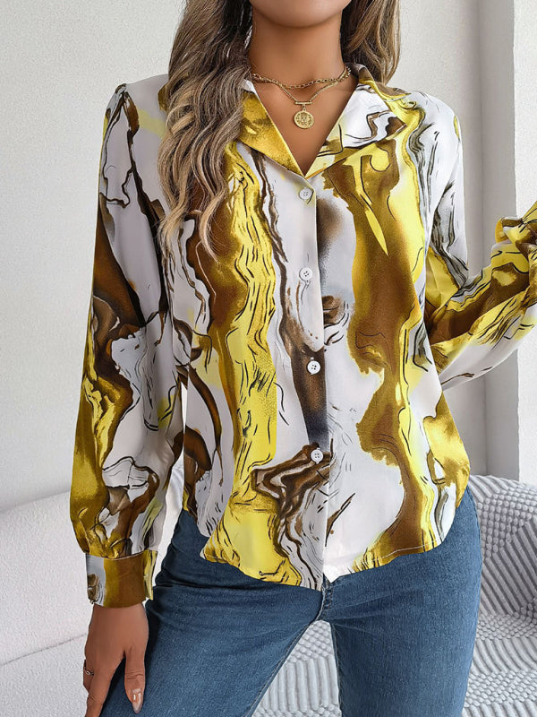 New women’s casual color contrast striped suit collar long-sleeved shirt