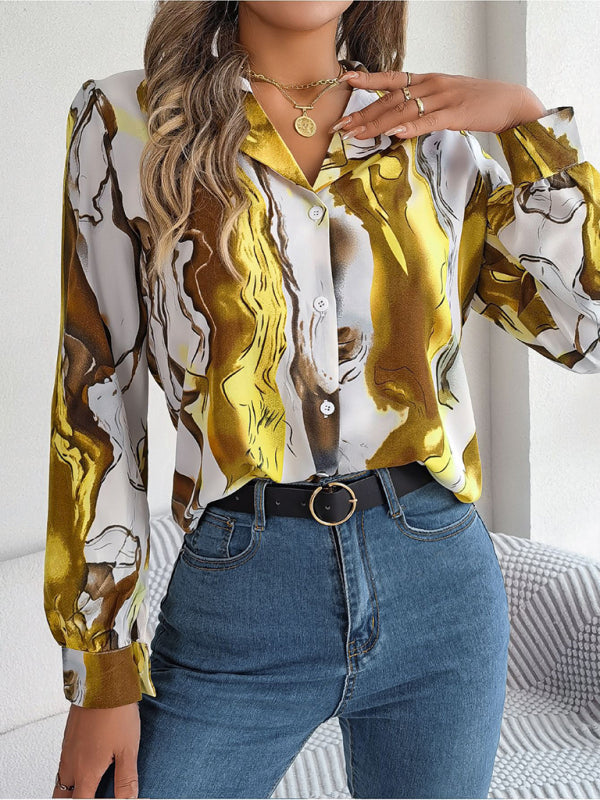 New women’s casual color contrast striped suit collar long-sleeved shirt - Yellow / S
