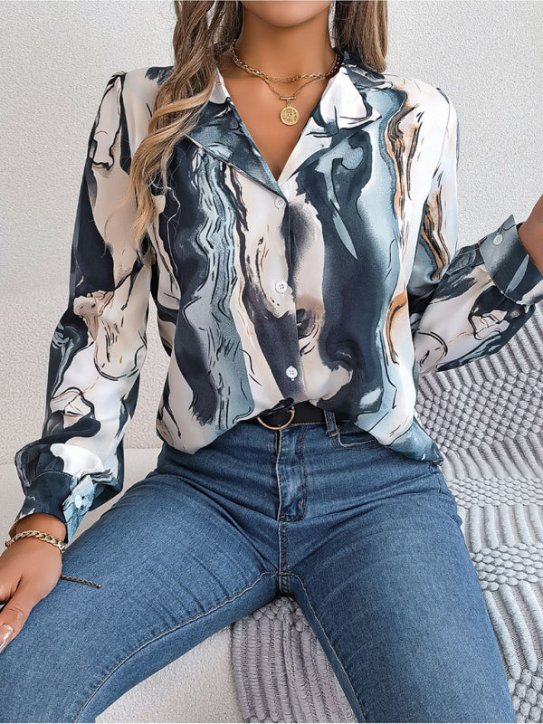 New women’s casual color contrast striped suit collar long-sleeved shirt