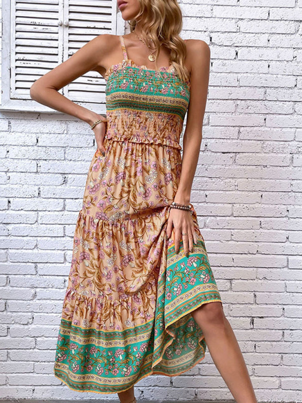 New women’s casual holiday bohemian floral print suspender dress - Orange / S