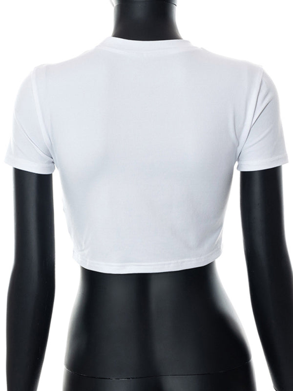 New women’s casual round neck cherry print navel-baring short-sleeved T-shirt
