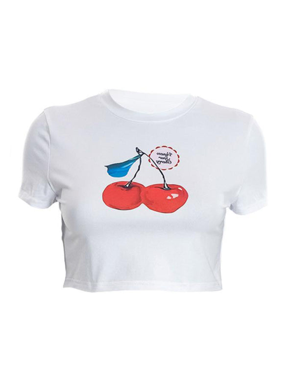 New women’s casual round neck cherry print navel-baring short-sleeved T-shirt