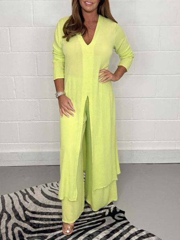 New women’s clothing casual home going out slit long jacket trousers suit - Yellow / S