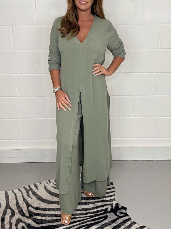 New women’s clothing casual home going out slit long jacket trousers suit - Green / S