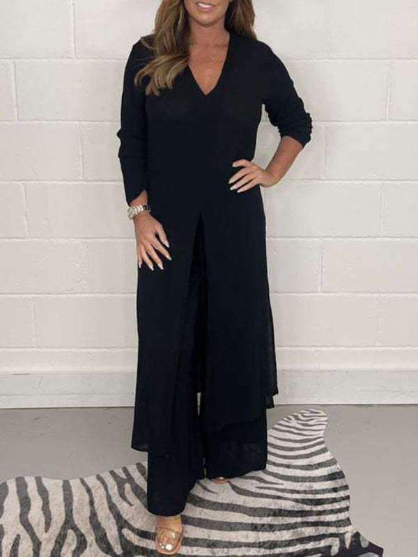 New women’s clothing casual home going out slit long jacket trousers suit - Black / S