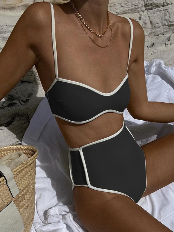 New women’s color matching high waist sexy two-piece swimsuit - Black / S