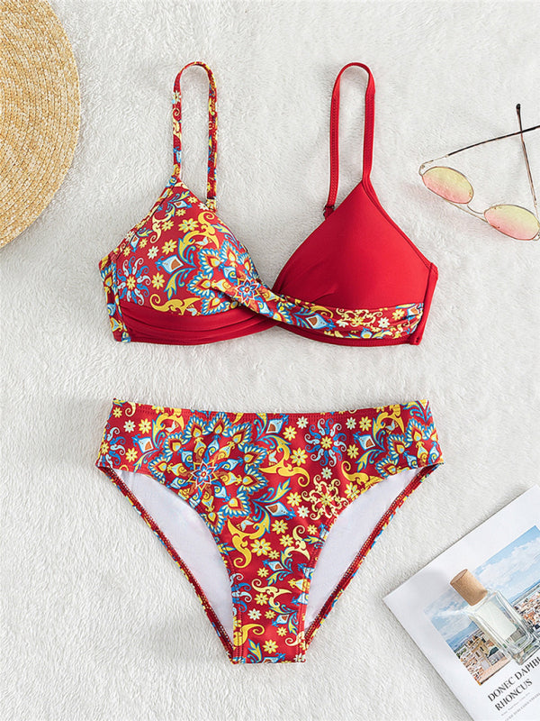 New women’s color matching print boxer cross split swimsuit