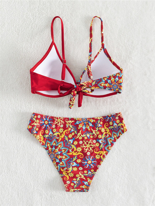 New women’s color matching print boxer cross split swimsuit