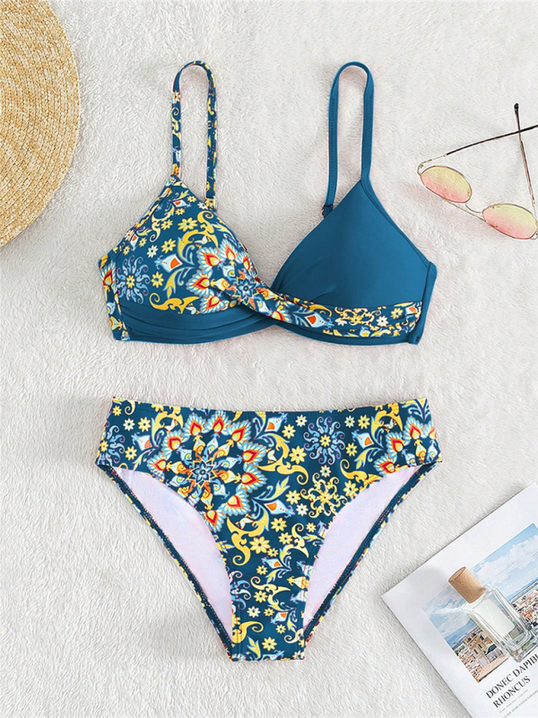 New women’s color matching print boxer cross split swimsuit