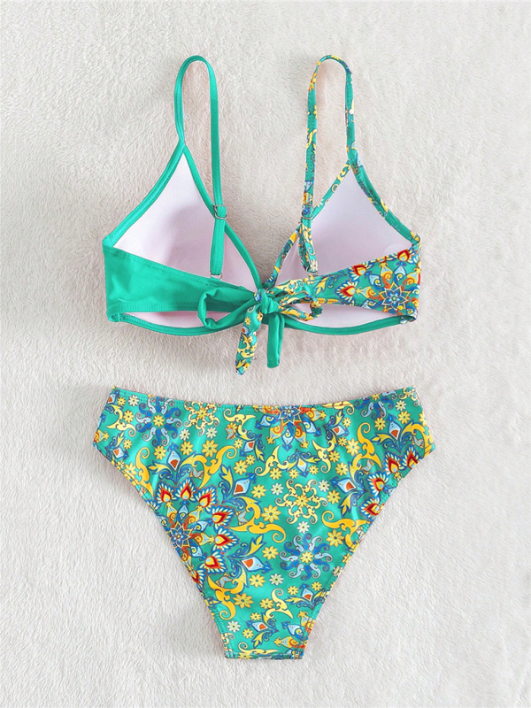 New women’s color matching print boxer cross split swimsuit