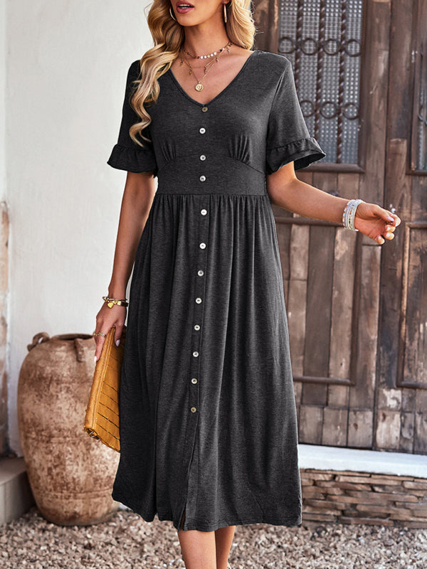 New women’s elegant commuter V-neck short-sleeved ruffle skirt - Charcoal grey / S