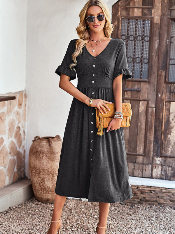New women’s elegant commuter V-neck short-sleeved ruffle skirt
