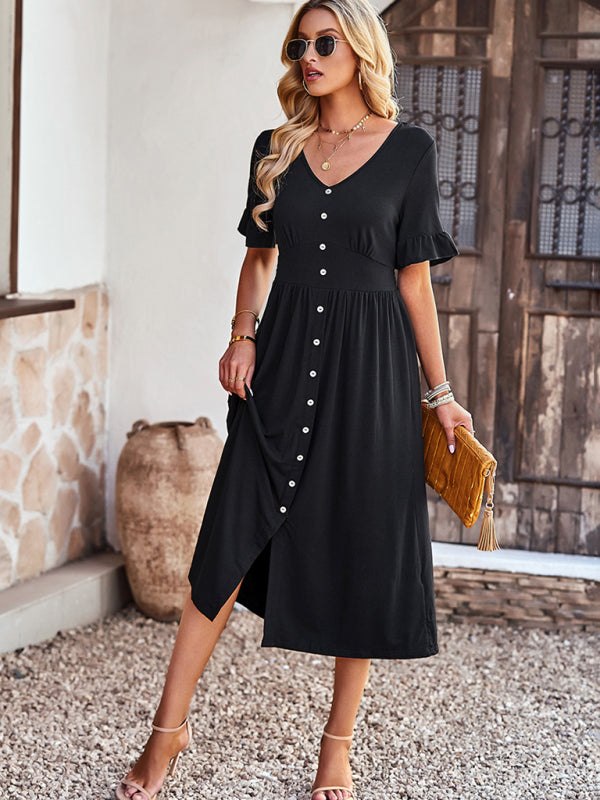 New women’s elegant commuter V-neck short-sleeved ruffle skirt