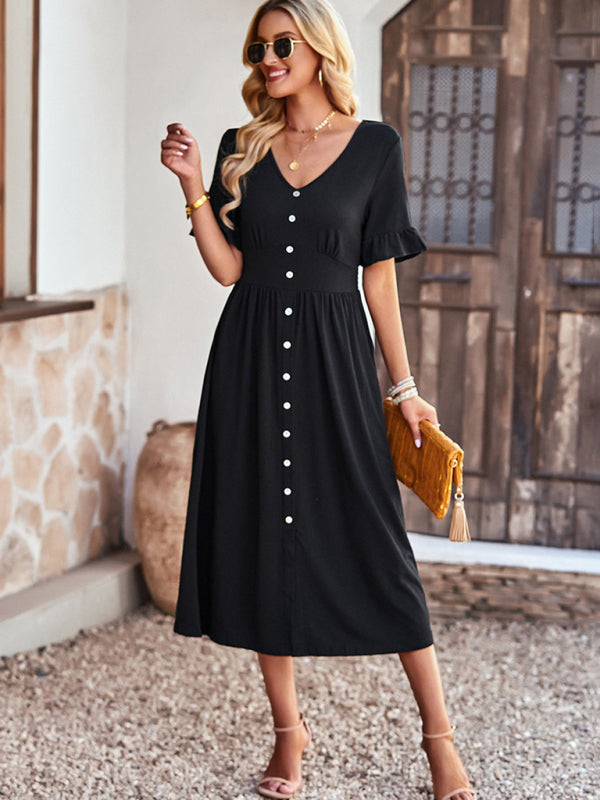 New women’s elegant commuter V-neck short-sleeved ruffle skirt