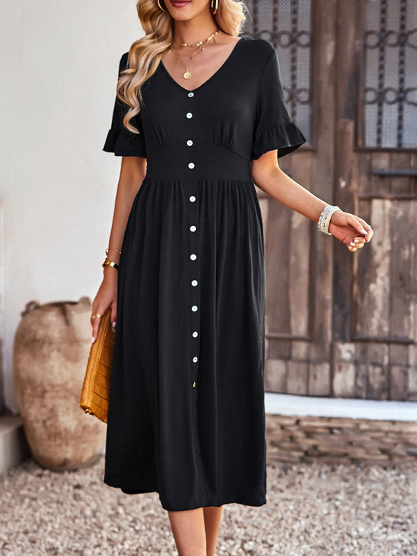 New women’s elegant commuter V-neck short-sleeved ruffle skirt - Black / S