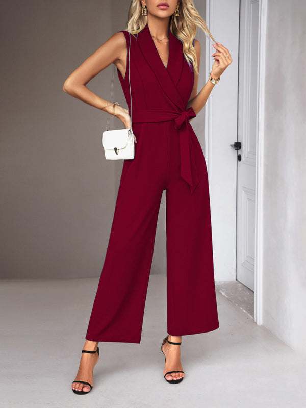 New women’s elegant V-neck tie commuter sleeveless jumpsuit - Wine Red / S