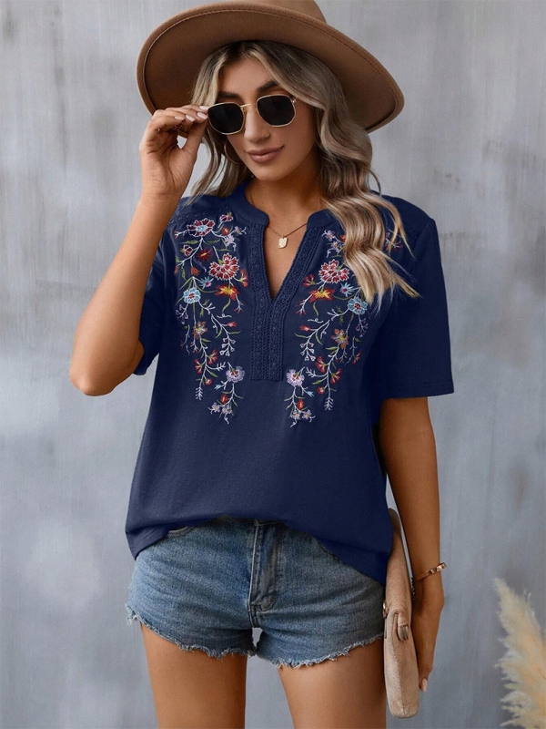 New women’s fashion embroidery stitching lace top