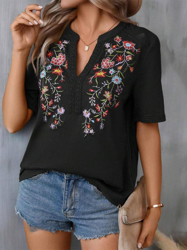 New women’s fashion embroidery stitching lace top - Black / S
