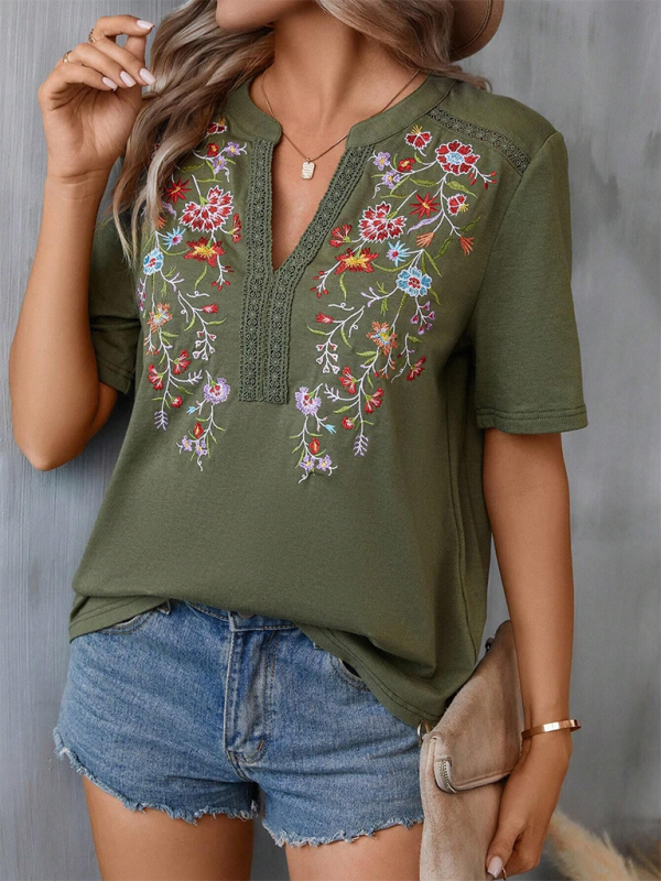 New women’s fashion embroidery stitching lace top - Olive green / S