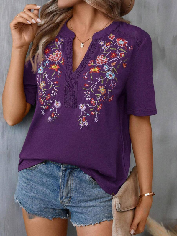 New women’s fashion embroidery stitching lace top - Purple / S
