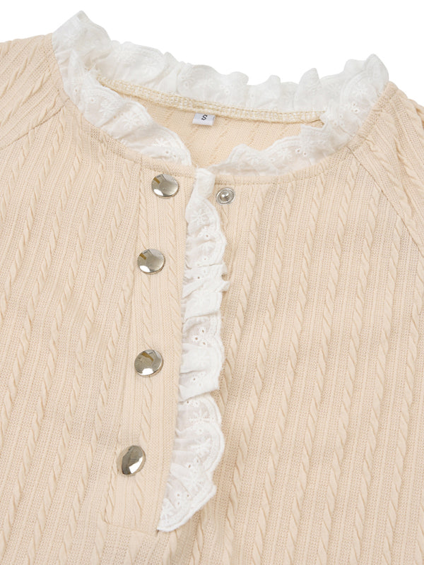 New women’s fashion solid color stand collar lace long sleeve top