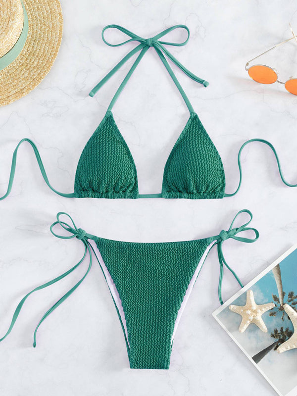 New women’s fashionable and sexy wave pattern lace-up bikini - Green / S