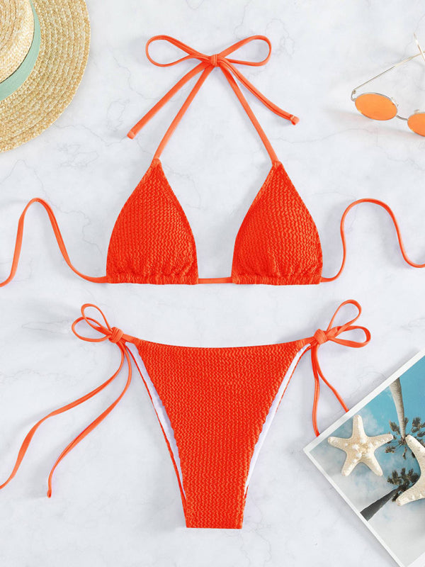 New women’s fashionable and sexy wave pattern lace-up bikini - Orange / S