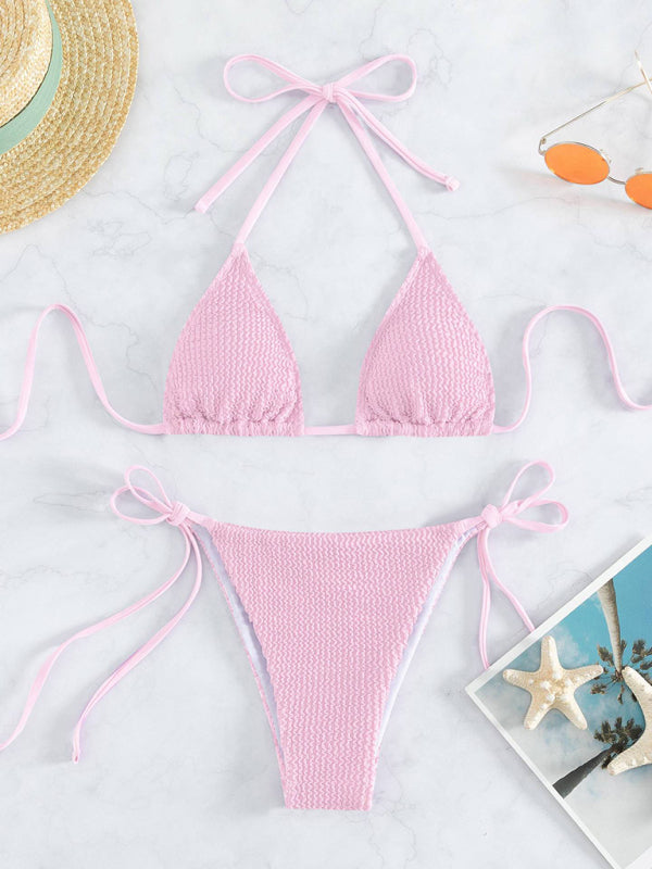 New women’s fashionable and sexy wave pattern lace-up bikini - Pink / S