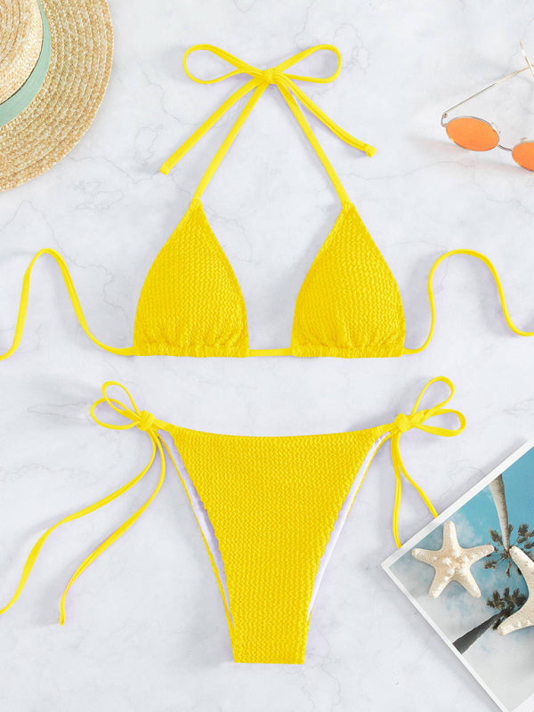 New women’s fashionable and sexy wave pattern lace-up bikini - Yellow / S