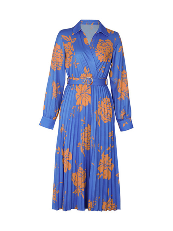 New Women's Floral Contrast Print Waist V-Neck Dress - Closther