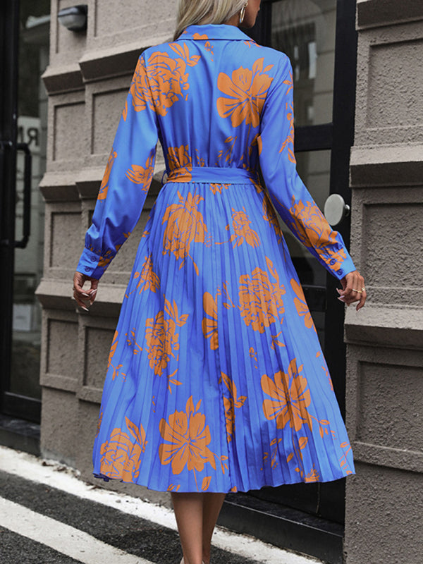 New Women's Floral Contrast Print Waist V-Neck Dress - Closther
