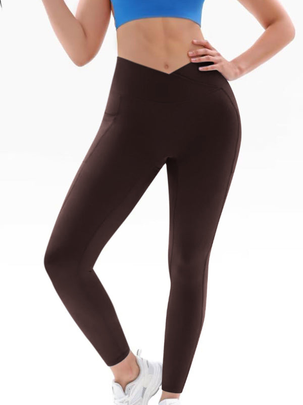 New Women’s High Waist Hip Pocket Yoga Pants - Coffee / S