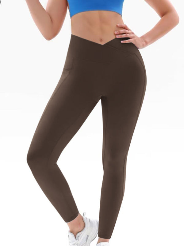 New Women’s High Waist Hip Pocket Yoga Pants - Dark Brown / S