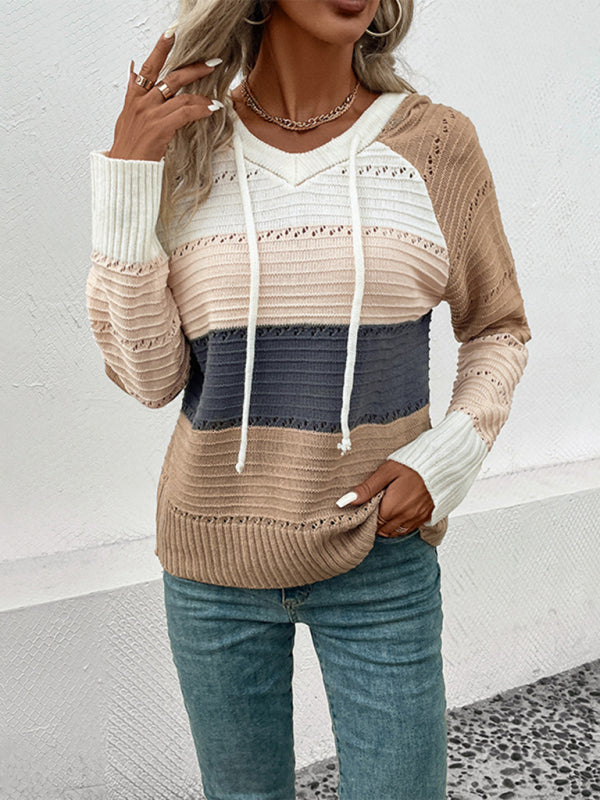 New women's hooded color block pullover sweater - Closther