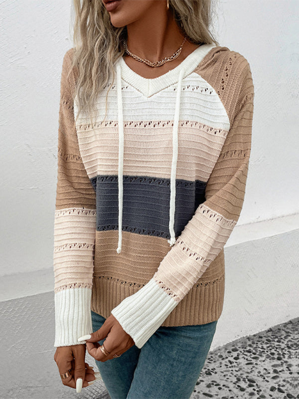 New women's hooded color block pullover sweater - Closther