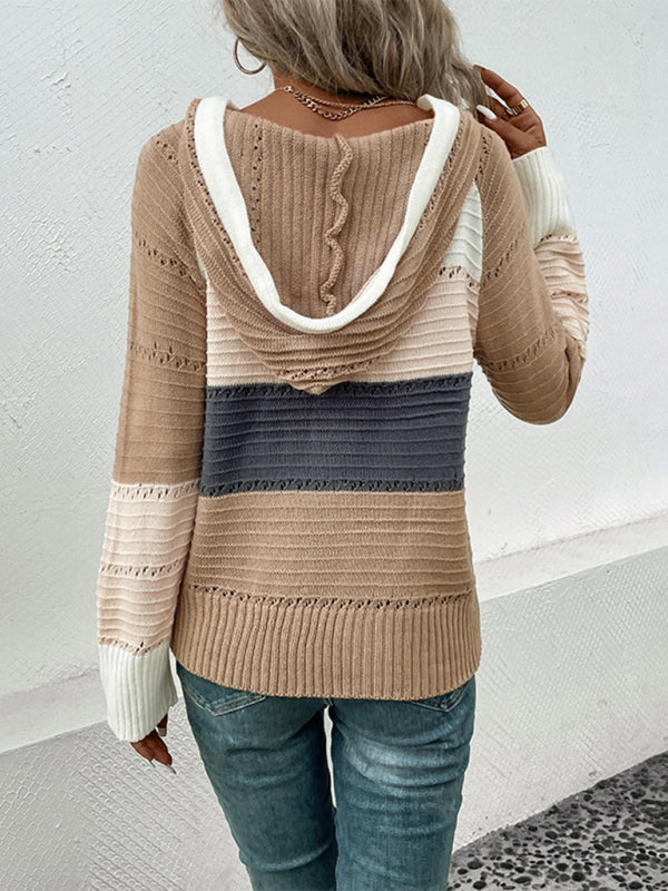 New women's hooded color block pullover sweater - Closther