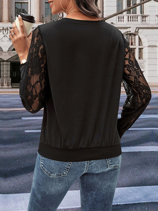 New women’s lace stitching black long-sleeved sweater top