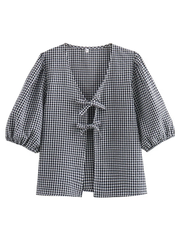 New women’s lace-up plaid top + plaid shorts two-piece suit