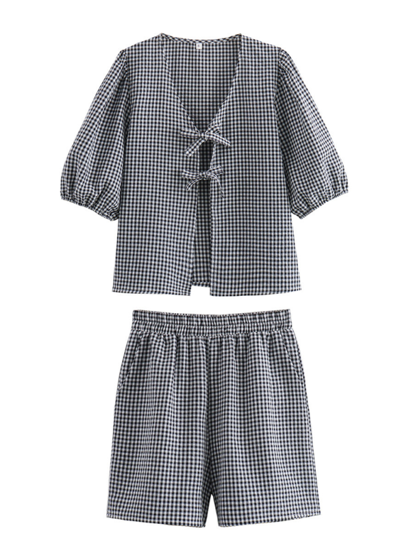 New women’s lace-up plaid top + plaid shorts two-piece suit - Black / S
