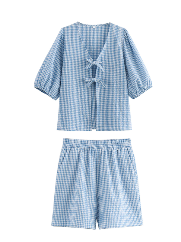 New women’s lace-up plaid top + plaid shorts two-piece suit - Blue / S