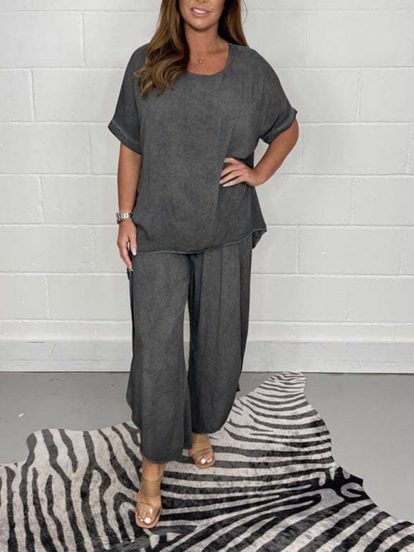 New women’s light and breathable split side wide-leg pants suit - Charcoal grey / S