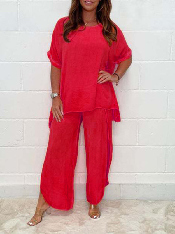 New women’s light and breathable split side wide-leg pants suit - Orange / S