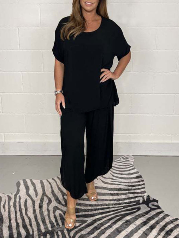 New women’s light and breathable split side wide-leg pants suit - Black / S
