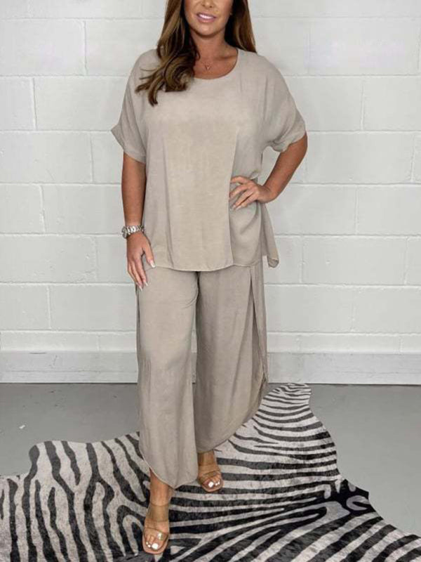 New women’s light and breathable split side wide-leg pants suit - Khaki / S