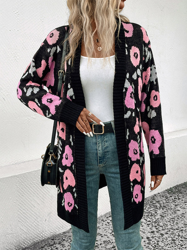 New Women's Long Sleeve Contrast Color Floral Knitted Sweater Cardigan - Closther